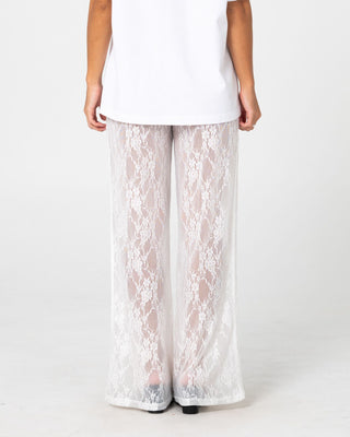 Woman wearing Lorelai Lace Straight Leg Pant in White
