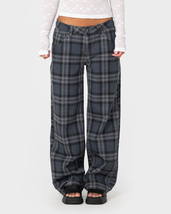 woman-wearing-im-just-a-plaid-pants-in-navy-plaid