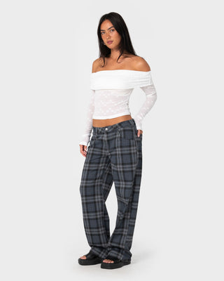Woman wearing Im Just A Plaid Pants in Navy Plaid