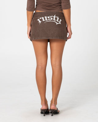Woman wearing Rear View Low Rise Mini Skirt in Brown