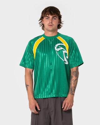 Man wearing Woopty Short Sleeve Sports Tee in Boston Green