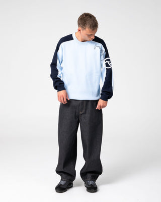 Man wearing Panela Anderson Knitted Crew in Ice Blue