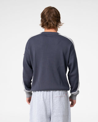 Man wearing Panela Anderson Knitted Crew in Steel