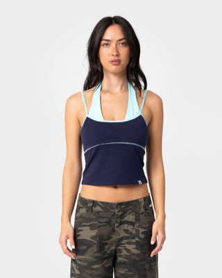 Woman wearing Sweat Mock Layer Halter Tank Top in Navy Blue