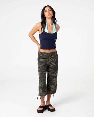 Woman wearing Sweat Mock Layer Halter Tank Top in Navy Blue