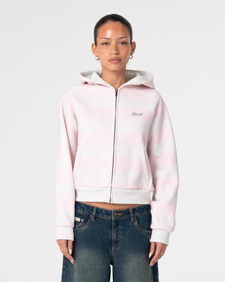 Woman wearing G6 Cropped Zip Through Hooded Fleece in Ecru Marle / Pink