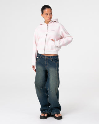 Woman wearing G6 Cropped Zip Through Hooded Fleece in Ecru Marle / Pink