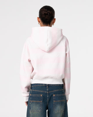 Woman wearing G6 Cropped Zip Through Hooded Fleece in Ecru Marle / Pink