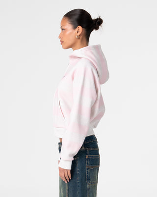 Woman wearing G6 Cropped Zip Through Hooded Fleece in Ecru Marle / Pink