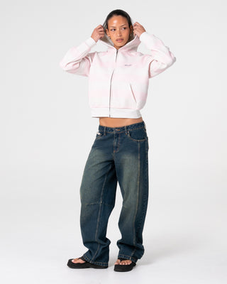 Woman wearing G6 Cropped Zip Through Hooded Fleece in Ecru Marle / Pink