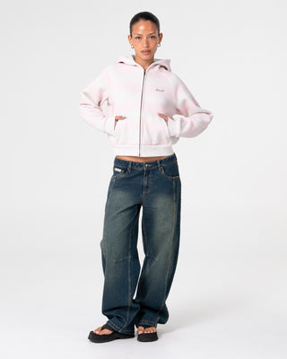 Woman wearing G6 Cropped Zip Through Hooded Fleece in Ecru Marle / Pink