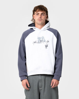 Man wearing Splish Splash Hooded Fleece in Ecru Marle