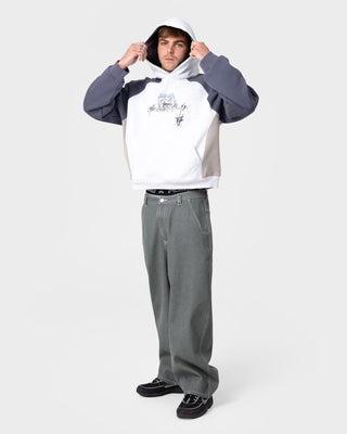 Man wearing Splish Splash Hooded Fleece in Ecru Marle