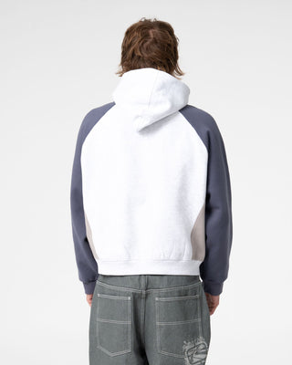 Man wearing Splish Splash Hooded Fleece in Ecru Marle