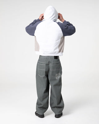 Man wearing Splish Splash Hooded Fleece in Ecru Marle