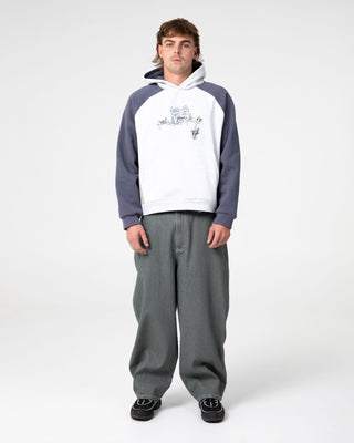 Man wearing Splish Splash Hooded Fleece in Ecru Marle