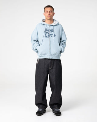 Man wearing Revolt Waffle Zip Thru Hooded Fleece in Sky Blue