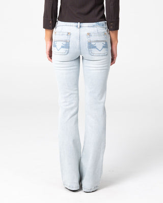 Woman wearing Lindsay Luv Low Rise Boot Leg Denim Jean in Worn Out
