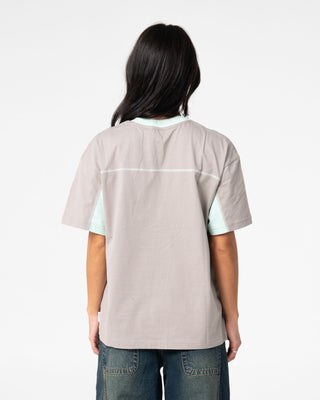 Woman wearing Cyberwaves Oversize Short Sleeve Tee in Grey / Mint