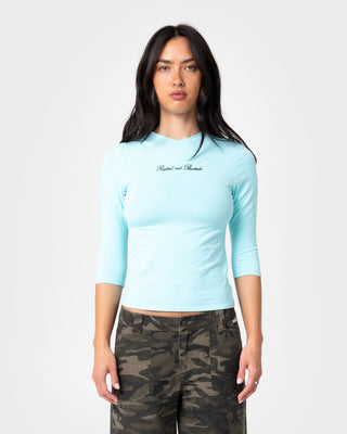 Woman wearing Vroom 3/4 Sleeve Fitted Tee in Powder Aqua