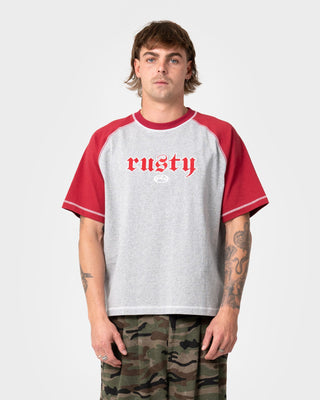 Man wearing Decoy Short Sleeve Tee in Grey Marle 2
