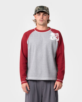Man wearing Shadow Waffle Long Sleeve Tee in Grey Marle
