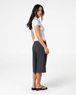 Woman wearing Road Rage Finance Mommy Low Rise Short in Coal Pinstripe