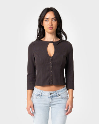 Woman wearing Miss Woods Keyhole Shirt in Java