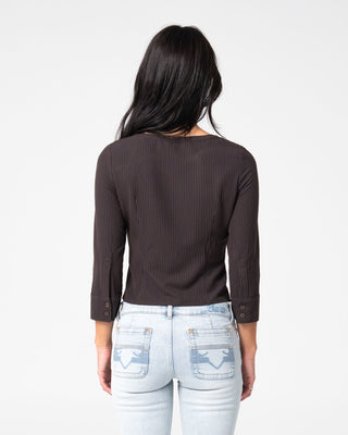 Woman wearing Miss Woods Keyhole Shirt in Java
