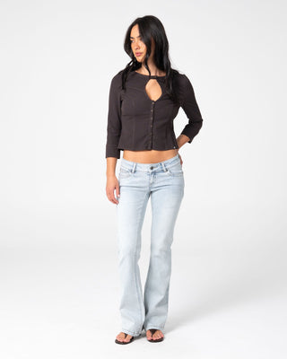 Woman wearing Miss Woods Keyhole Shirt in Java