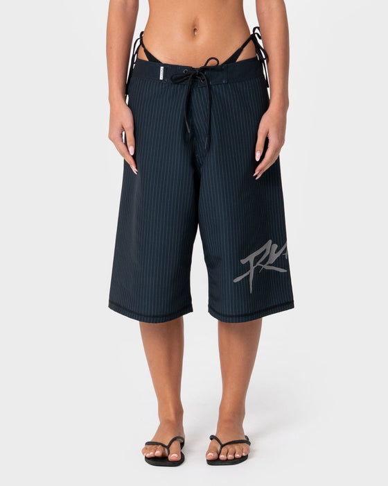woman-wearing-hailey-fixed-waist-boardshort-in-black-pinstripe