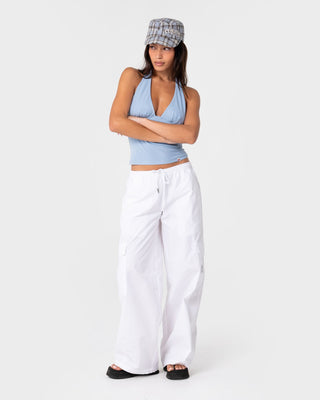 Woman wearing Maddy Low Rise Elastic Pant in White
