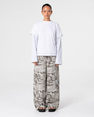 Woman wearing Lara Mock Long Sleeve Relaxed Tee in White