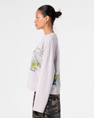 Woman wearing Coco Long Sleeve Relaxed Tee in Oyster Grey