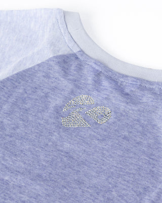 Woman wearing Teddy Raglan Baby Tee in Cornflower Blue