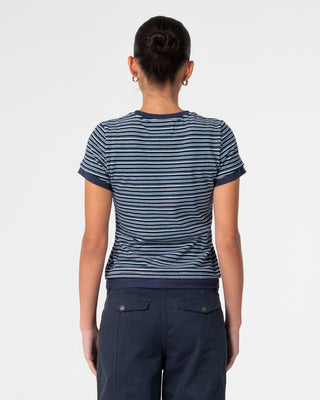 Woman wearing 18 Degrees Stripe Mock Layer Tee in Navy Blue
