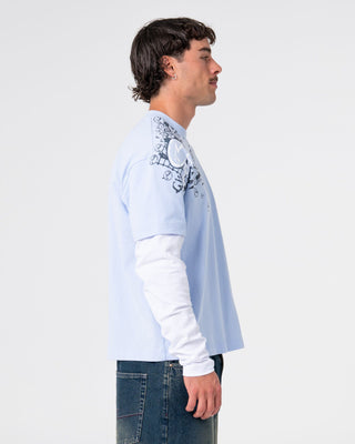 Man wearing Kodak Walk Mock Long Sleeve Tee in Ice Blue