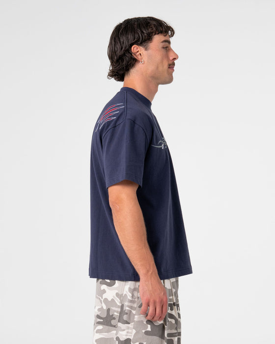 man-wearing-dragon-boosta-short-sleeve-tee-in-dark-blue