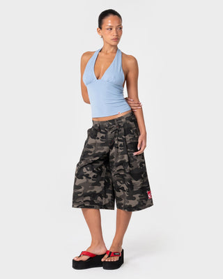 Woman wearing Sweet As Camo Low Rise Short in Carbon