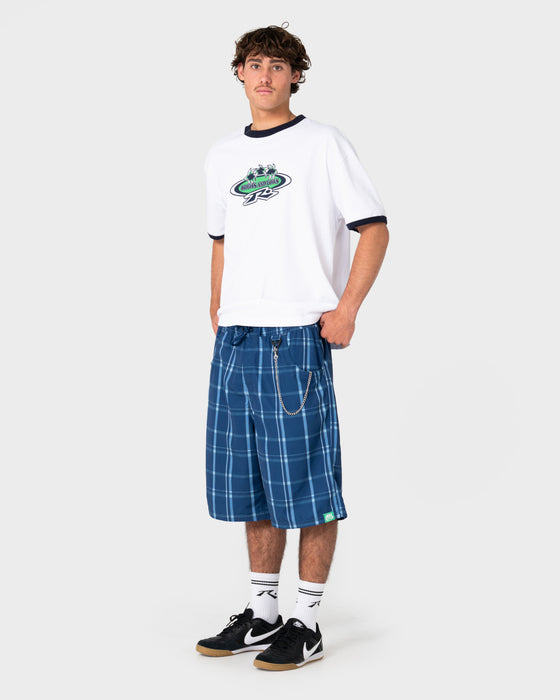 model-wearing-big-manu-elastic-waist-boardshort-in-dark-blue