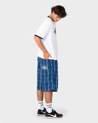 Model wearing Big Manu Elastic Waist Boardshort in Dark Blue