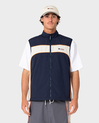 Man wearing Rusty x Halco Fleece Vest in Navy Blue