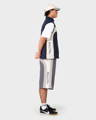 Man wearing Rusty x Halco Fleece Vest in Navy Blue