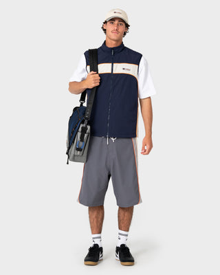 Man wearing Rusty x Halco Fleece Vest in Navy Blue