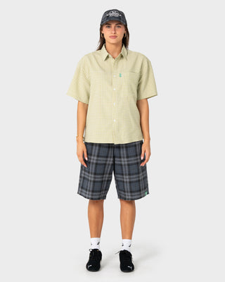 Model wearing HAL X Rusty 6 Panel Cap in Plaid