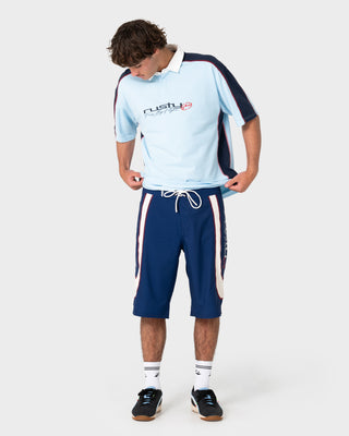 Model wearing Shooter Short Sleeve Rugby in Sky Blue