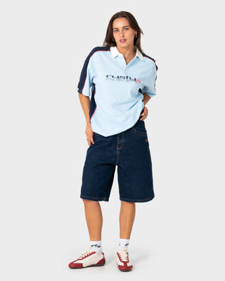 Model wearing Shooter Short Sleeve Rugby in Sky Blue