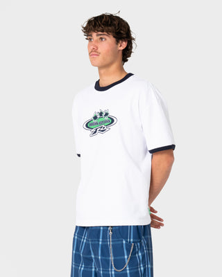Model wearing Coastal Clash Ringer Short Sleeve Tee in White