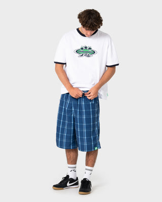 Model wearing Coastal Clash Ringer Short Sleeve Tee in White