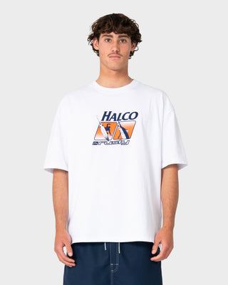 Man wearing Rusty x Halco Short Sleeve Tee in White
